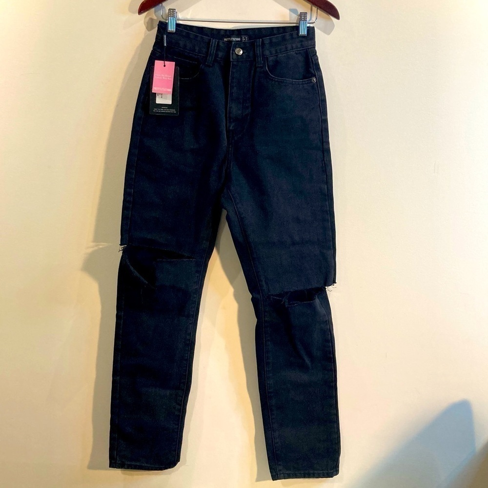 PRETTY LITTLE THING Sz 6 Washed Black Slashed Knee Long Straight Leg Jeans